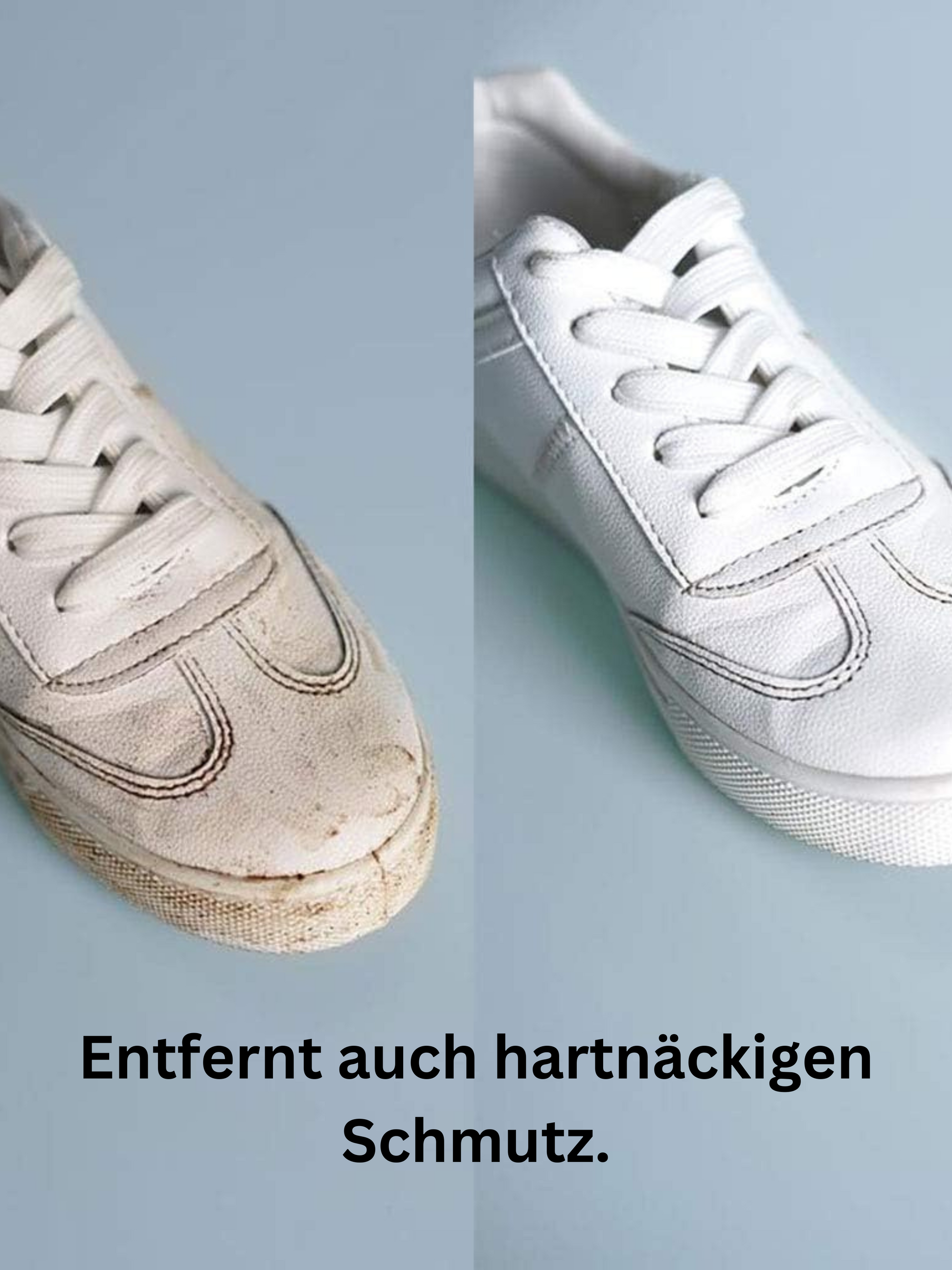 Vorher-Nachher Sneaker Reinigung – schmutzige Turnschuhe vor dem Waschen und saubere Sneaker nach Anwendung des Waschbeutels